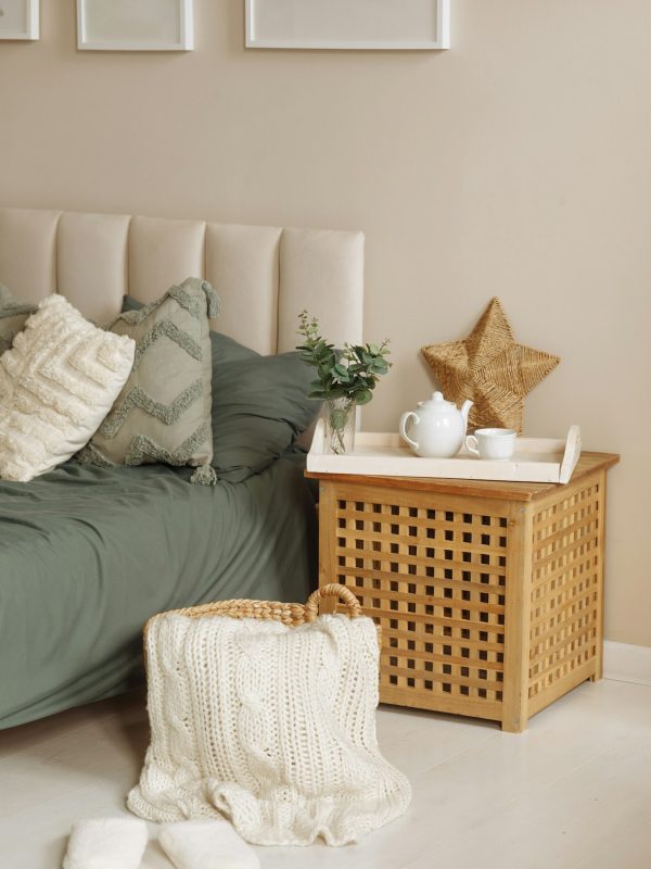 Bright bedroom. green color. Home decor